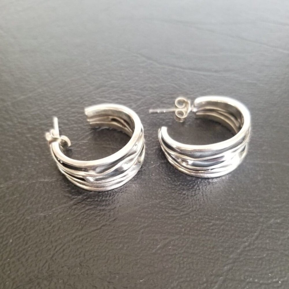 Sterling Silver Handcrafted Oxidized Cascading Waves Tappered 3/4 Hoop Earrings